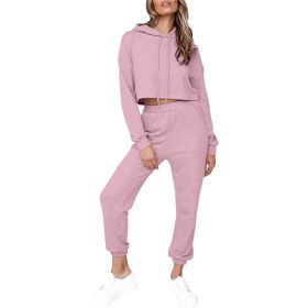 2 Piece Outfits for Women Crewneck Long Sleeve Crop Tops and Wide Leg Pants Sets (Color: Pink, size: XXL)