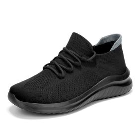 Men Women Mesh Casual Sports Shoes Breathable Soft Cozy Spring Summer Autumn Couples Flying Woven Lightweight Running Outdoor (Color: Black, size: 44)