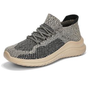 Men Women Mesh Casual Sports Shoes Breathable Soft Cozy Spring Summer Autumn Couples Flying Woven Lightweight Running Outdoor (Color: Khaki, size: 39)