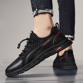 Spring Summer Leather Mesh Casual Shoes Men Slip on Elastic Band Low Top Sneaker Hollow Round Toe Solid High Quality Breathable (Color: Black, size: 40)