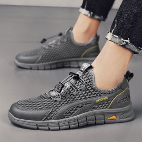 Spring Summer Leather Mesh Casual Shoes Men Slip on Elastic Band Low Top Sneaker Hollow Round Toe Solid High Quality Breathable (Color: GRAY, size: 39)