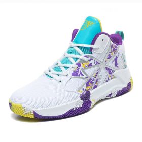 Basketball shoes men's mesh breathable sports shoes non-slip wear-resistant men's shoes student youth running shoes (Color: White purple, size: 39)