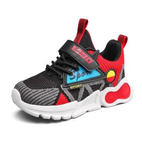Autumn Kids Sneakers Children Sport Shoes Fashion Boys Casual Shoes Breathable Mesh Tenis boys Running shoes for boy (Color: Black red, size: 35)