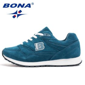 BONA New Popular Style Women Running Shoes Cow Split Breathable Lace Up Sport Shoes Light Soft Outdoor Sneakers Shoes Women (Color: Deep blue, size: 5.5)