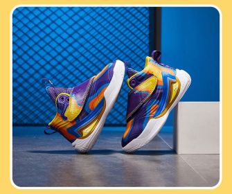 2022 New Children's Sneakers Boys Basketball Sports Shoes for Boys High Quality Running Kids Shoes Chaussure Enfant Spring (Color: Purple yellow, size: 31)