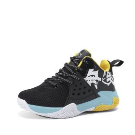 Boys Basketball Sport Shoes Children Running Sneakers Kids Non-Slip Tenis Sneakers Breathable Mesh Casual Shoes Girls Walking (Color: Black yellow moonlig, size: 33)