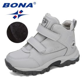 BONA 2020 New Designers Plush Children Casual Sports Shoes High Top Leather Lace Up School Running Shoes Kids Warm Snow Boots (Color: Light gray dark grey, size: 3.5)