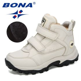 BONA 2020 New Designers Plush Children Casual Sports Shoes High Top Leather Lace Up School Running Shoes Kids Warm Snow Boots (Color: Light beige black, size: 3)