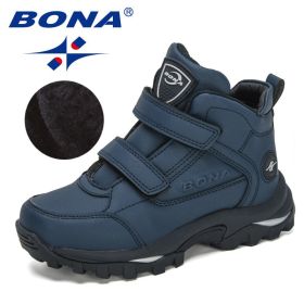 BONA 2020 New Designers Plush Children Casual Sports Shoes High Top Leather Lace Up School Running Shoes Kids Warm Snow Boots (Color: Deep blue S gray, size: 4)