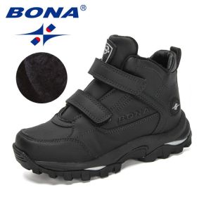 BONA 2020 New Designers Plush Children Casual Sports Shoes High Top Leather Lace Up School Running Shoes Kids Warm Snow Boots (Color: Black silver gray, size: 4.5)