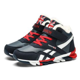 FLARUT Children Sneakers Winter Cotton Sports Shoes Boys Waterproof Non-slip Running Shoes Outdoor Warm Wear Resistant Casual (Color: Deep blue, size: 4)