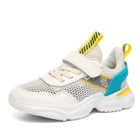 Kids Breathable Hollow Out Single Mesh Sneakers Outdoor Flat Fashion Casual Running Shoes Boy Girl Campus Anti-Slip Sport Shoe (Color: Beige, size: 34)