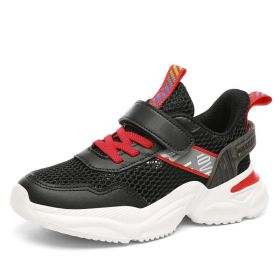 Kids Breathable Hollow Out Single Mesh Sneakers Outdoor Flat Fashion Casual Running Shoes Boy Girl Campus Anti-Slip Sport Shoe (Color: Black, size: 38)