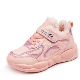 Winter Children Cotton Shoes Plus Velvet Keep Warm Sneakers For Girls Kids Warm Plush Running Shoes Ladies Soft Shoes Anti-slip (Color: Pink, size: 29)