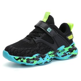 Brand Kids Sneakers Summer Autumn Mesh Boys Sport Shoes Fly Weaving Big Children Running Shoes Breathable Nonslip Tenis Infantil (Color: black green sneakers, size: 7)