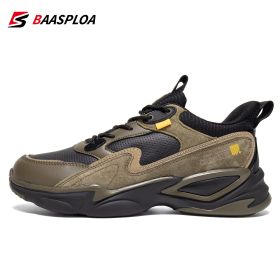 Baasploa 2022 New Men Lightweight Running Shoes Comfortable Casual Walking Shoes Non-Slip Male Leather Sneakers Vulcanized Shoes (Color: khaki green, size: 43)