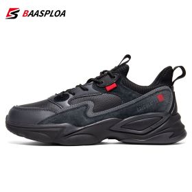 Baasploa 2022 New Men Lightweight Running Shoes Comfortable Casual Walking Shoes Non-Slip Male Leather Sneakers Vulcanized Shoes (Color: Black Grey, size: 44)