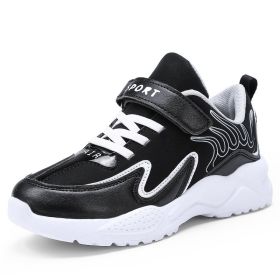 Size 29-36 Kids Running Shoes Boys Sneakers Breathable Leather Anti-Slippery Comfortable Casual Footwear Child Light Sport Shoe (Color: Black, size: 4)