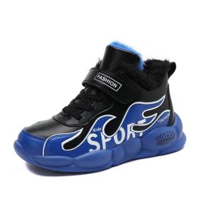 Boys Running Shoes Winter Fashion Children Sport Shoes Pu Leather Waterproof Kids Sneakers Warm Plus Fur Boots Trekking Shoes (Color: Blue Running Shoes, size: 6)