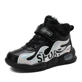Boys Running Shoes Winter Fashion Children Sport Shoes Pu Leather Waterproof Kids Sneakers Warm Plus Fur Boots Trekking Shoes (Color: Black Running Shoes, size: 1)
