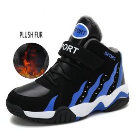 Waterproof Kids Sport Shoes High Top Boys Basketball Shoes Spring Autumn Leather Running Shoes Non-slip Sneakers Tenis Infantil (Color: blue shoes with fur, size: 13)